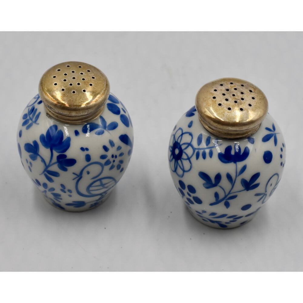 Rare Meissen Blue Porcelain Salt & Pepper Hand Painted Sterling Silver Lids - Picture 2 of 13